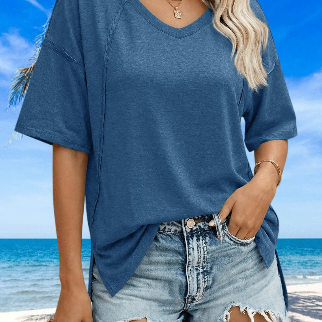 Women Daily Summer Oversized T Shirts Short Sleeve Casual V Neck Tunic Tops Loose Fit Side Split Basic Tees