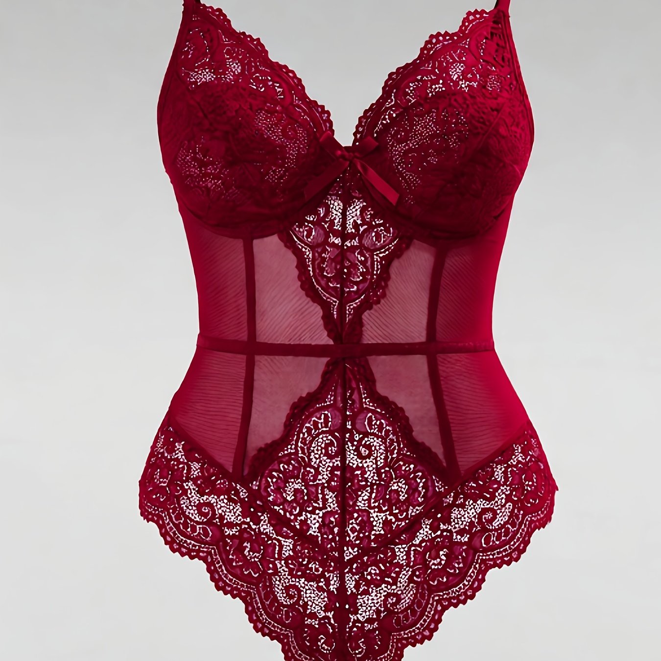 Plus-size Women's Sexy Bodysuit, Lace Floral Mesh, V-neck Design