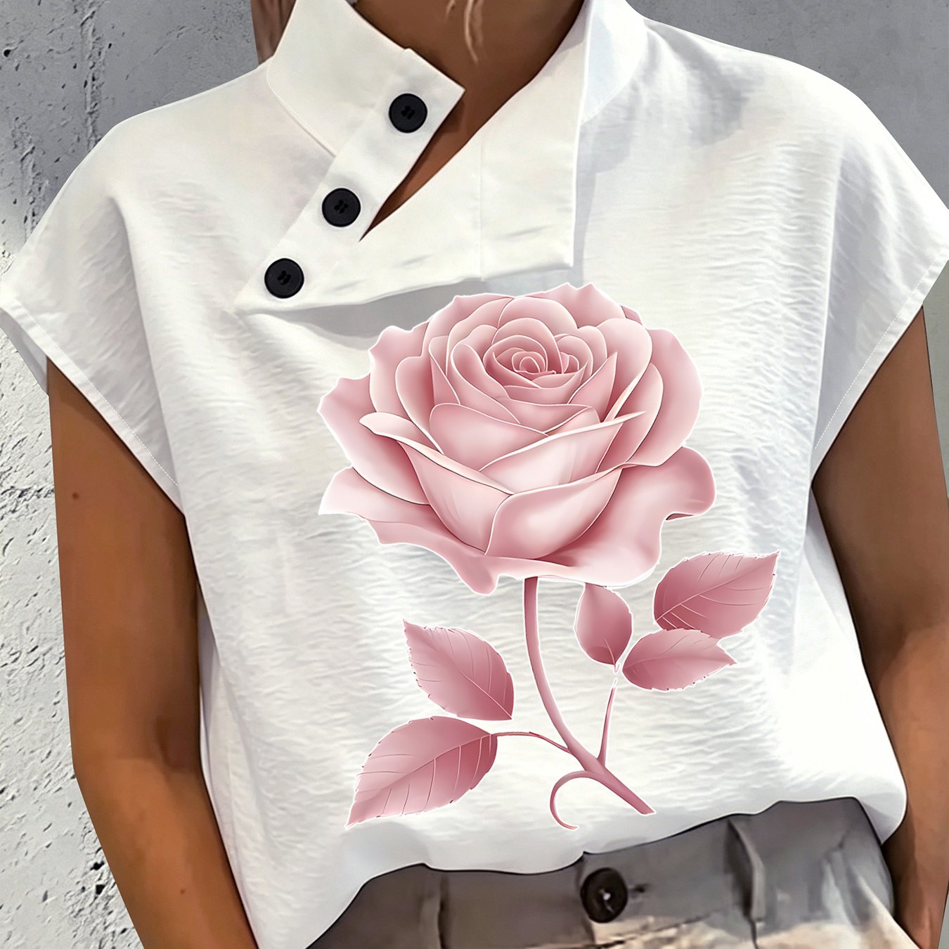 TEMU Casual Comfortable Elegant Chic Small Stand Collar Button-up Sleeveless Floral Print White Shirt