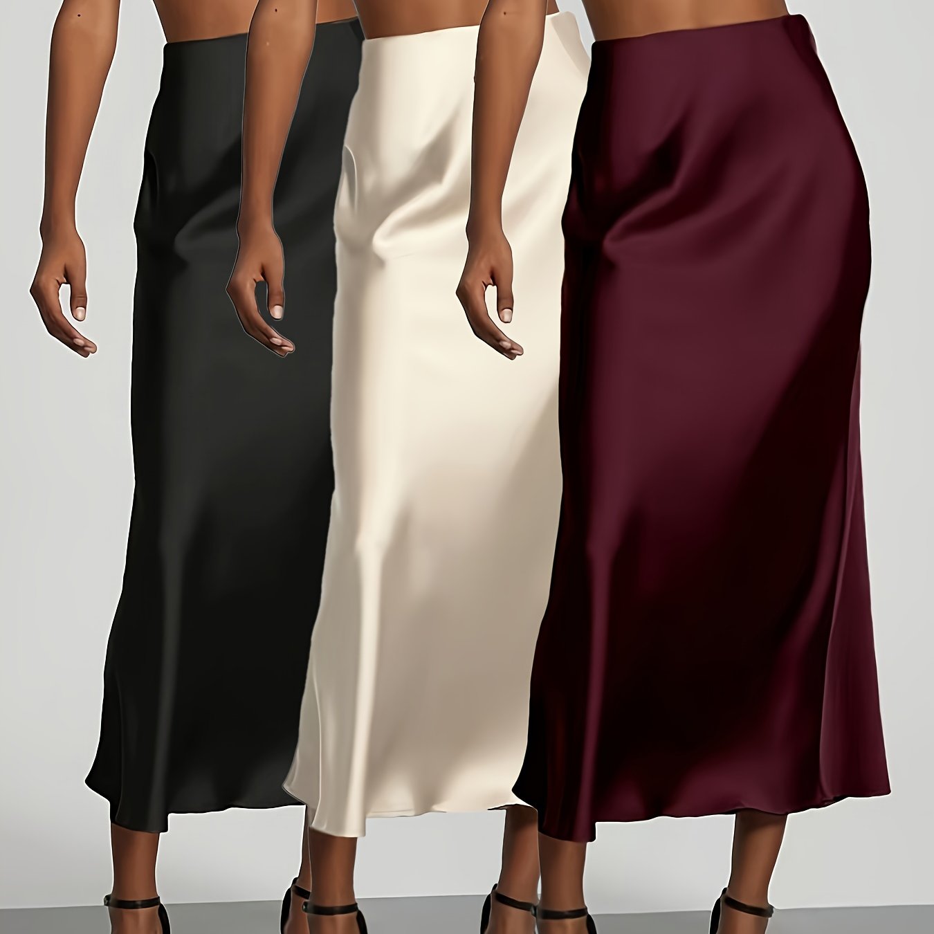 E-shop 3er-Set Damen High-Waist Satinrock in Uni-Farben, Elegant für Dates Arbeit, Ganzjahrestauglich
