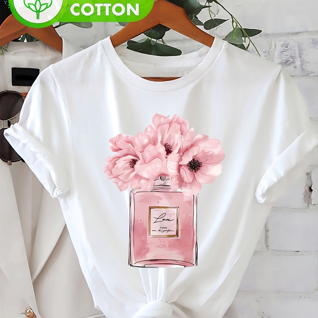 Image of Flower Print T-shirt 100% Casual Short Sleeve Crew Neck Casual Top For Summer And Spring Women's Clothing