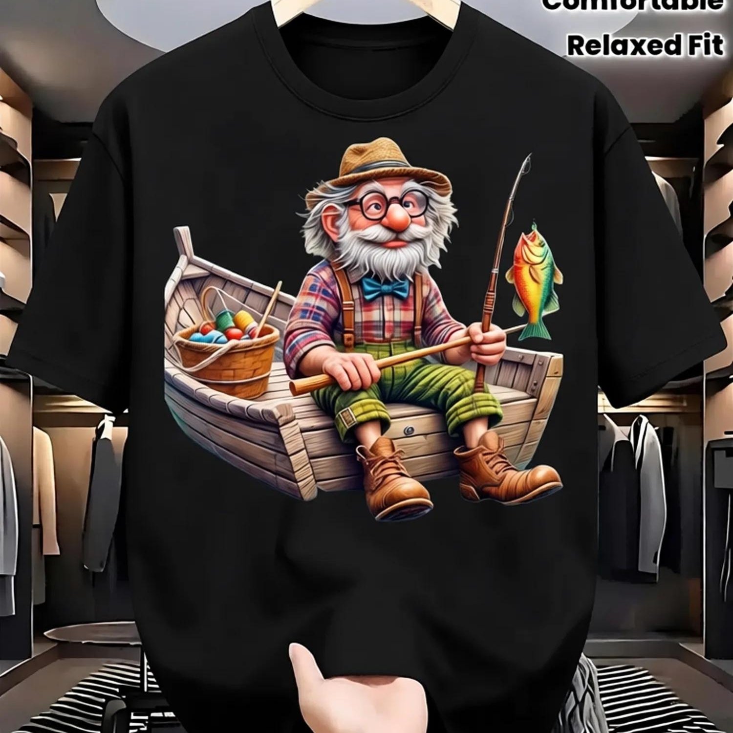 TEMU 1pc Men's Retro Fishing Graphic T-shirt - Made Of 100%, Featuring An Oversized Relaxed Fit And Soft Breathable Material With A Vintage Fish And
