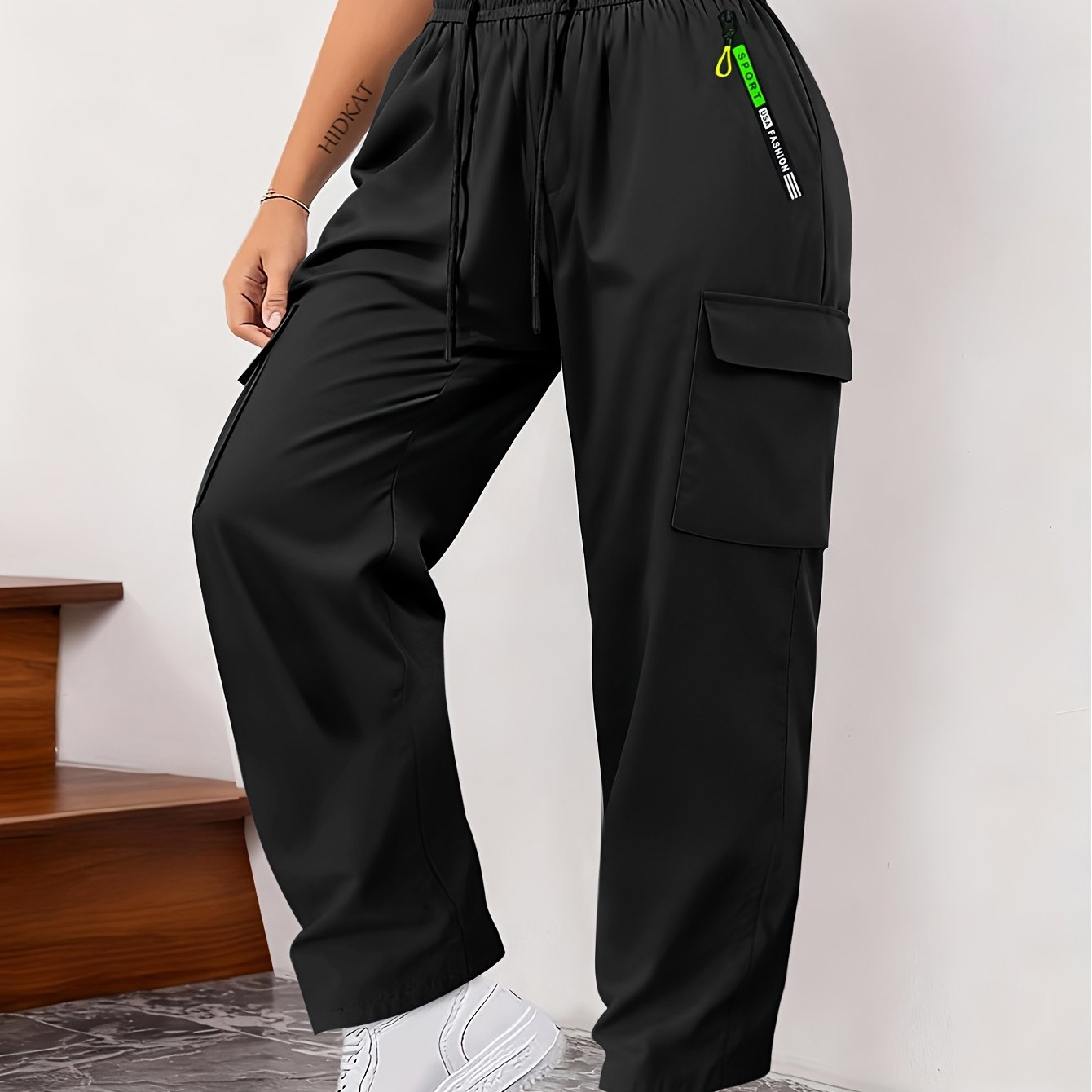 E-shop Plus Size, Damen Casual Commuter Hosen für Frühling Herbst, Dünner Stoff, Elastischer Bund mit Kordelzug, Cargo-, Vielseitige Alltagshosen