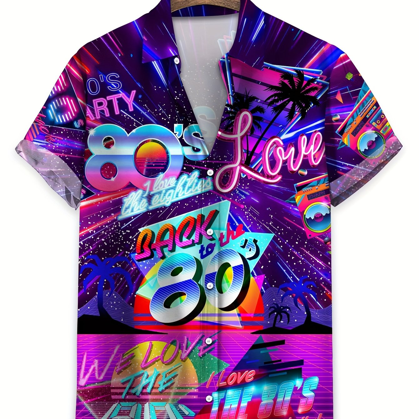 TEMU Vintage 80s Hawaiian Shirt For Men And Women - Vibrant "i " Graphic Print, Short Sleeve Casual Button-up Shirt, Perfect For Summer Parties And