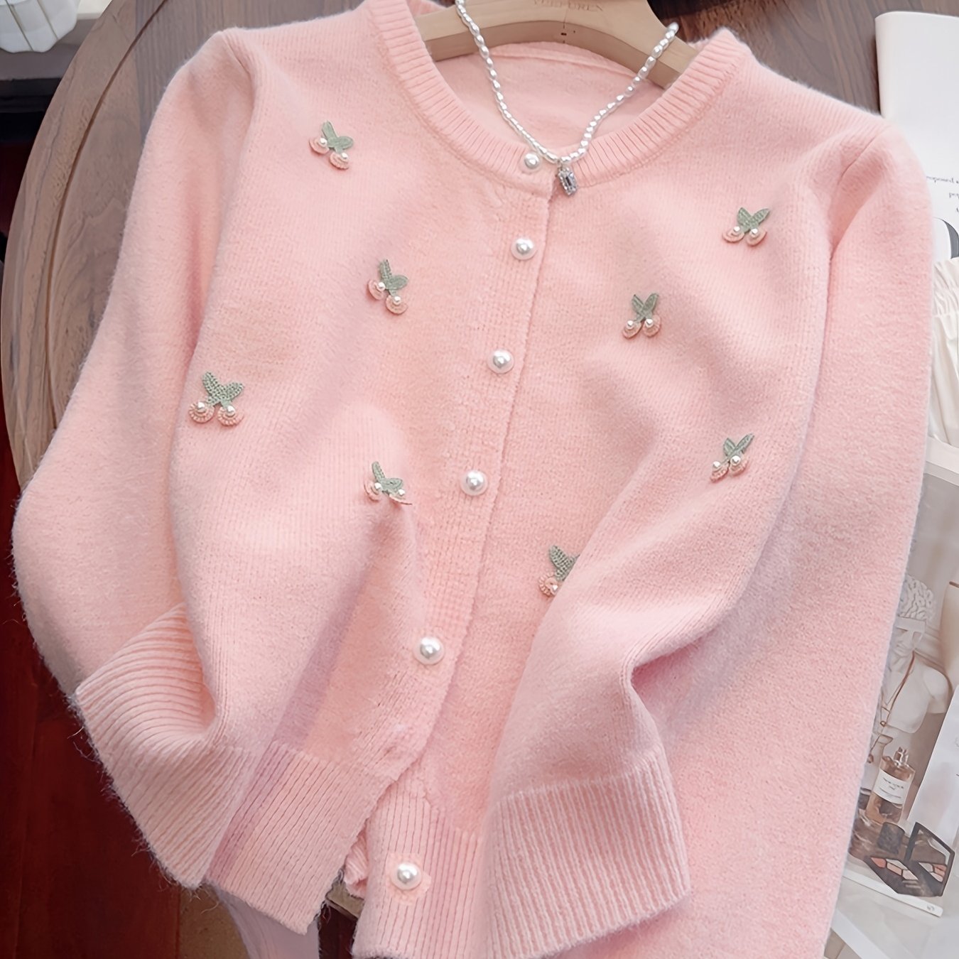 TEMU Elegant Women's Chiffon-feel Cardigan - Round Neck Long Sleeve Floral AppliquÃ© Open Front Sweater, Machine Washable Autumn/, Layering Style,