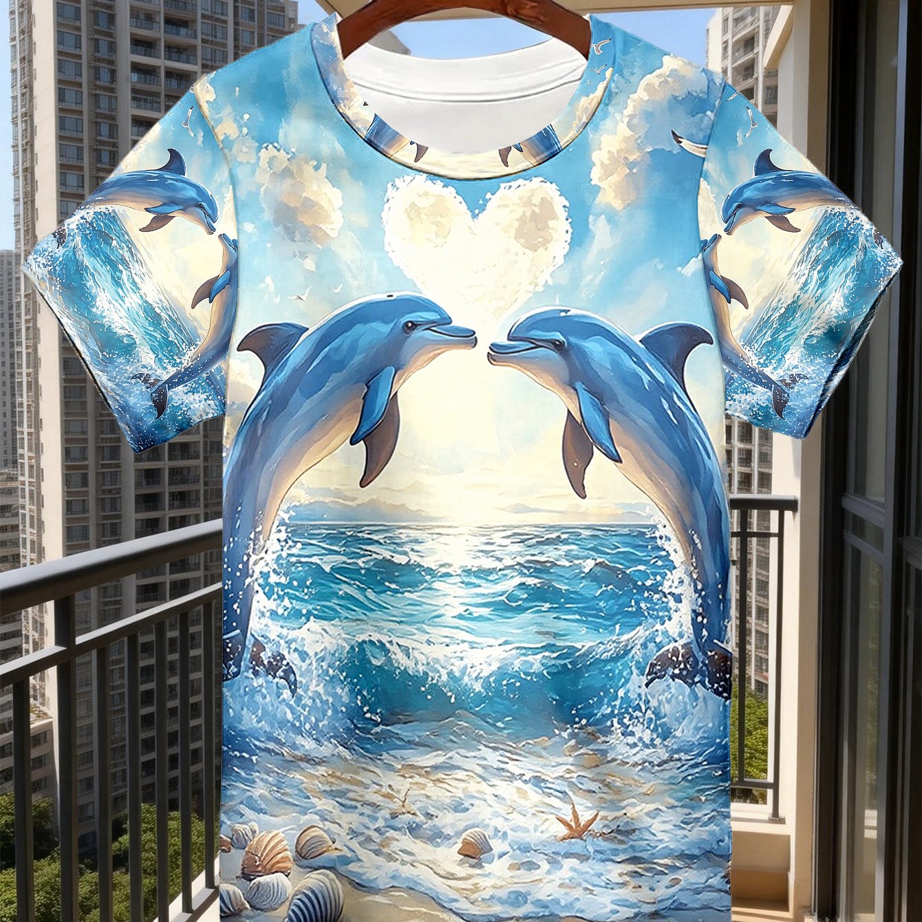 TEMU 1pc Men's Casual T-shirt With 2 Love Heart Cloud Seaside Print - Round Neck Short Sleeve Casual Fashion Clothing As A Gift - Summer Top