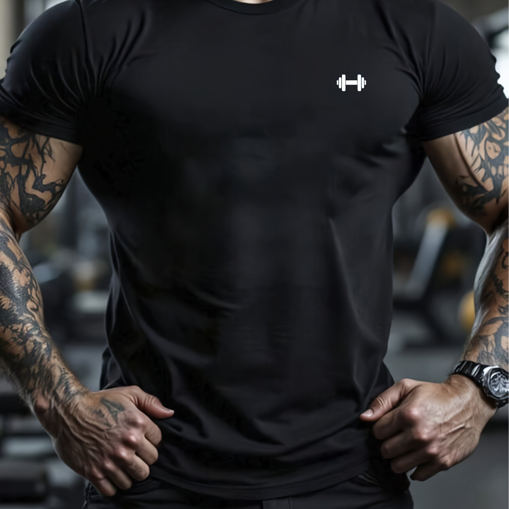 Men's Fashion 100% Heavyweight Cotton Printed T-shirt With Small Barbell Design