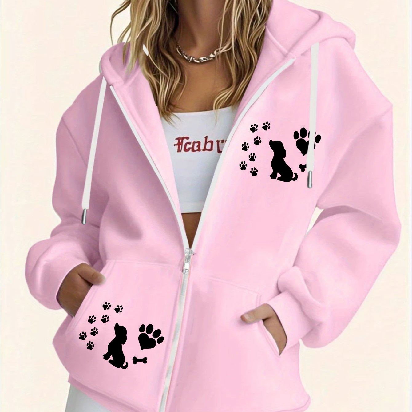 TEMU Women's Fleece-lined Hooded Sweatshirt With Cute Puppy & Paw Print - Cozy Winter Dog-themed Pullover, 100% Polyester Zipper Hoodie, Machine
