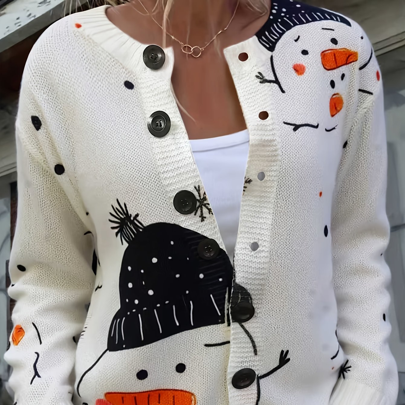 TEMU Christmas Autumn/winter Women's Cardigan - Featuring A Snowman As Element, With Black Polka Dots, Snowflakes, And Other Decorations. Cute And ,