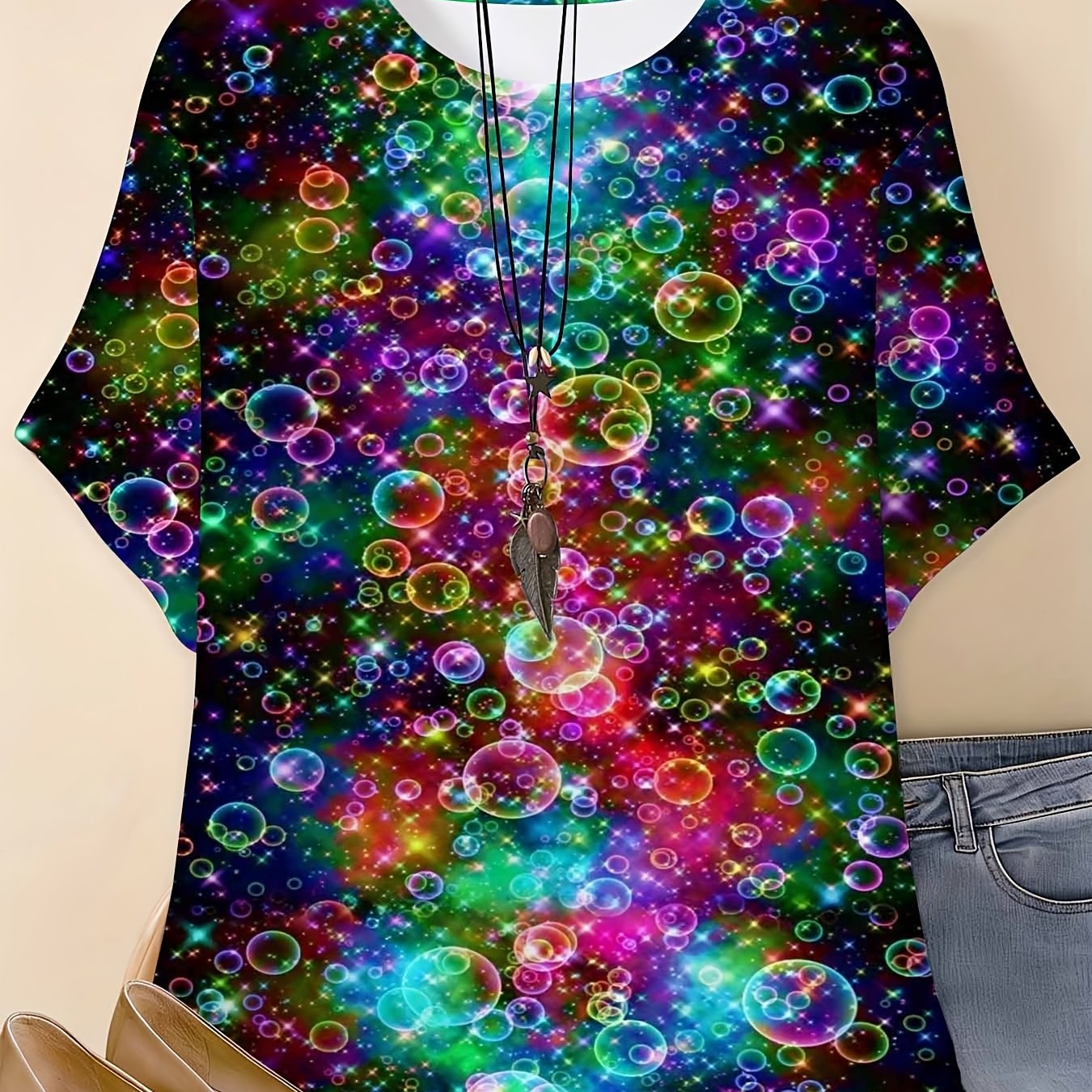 Plus Size - Plus Size Women's Casual Summer Top, Suitable For Daily Wear, Featuring Bubble Print And Short Sleeve Design