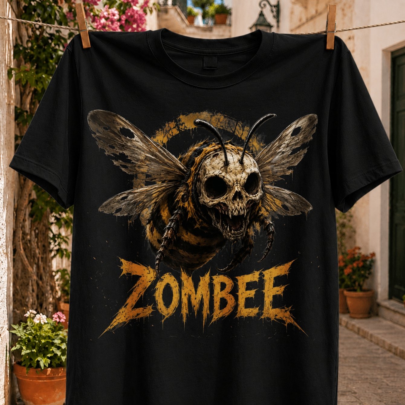 Image of Plus Size Dark Horror Insect Illustration Tee With A Decayed Faced Bee With Torn Wings And Orange Lettering Unisex All T-shirt, Plus Size