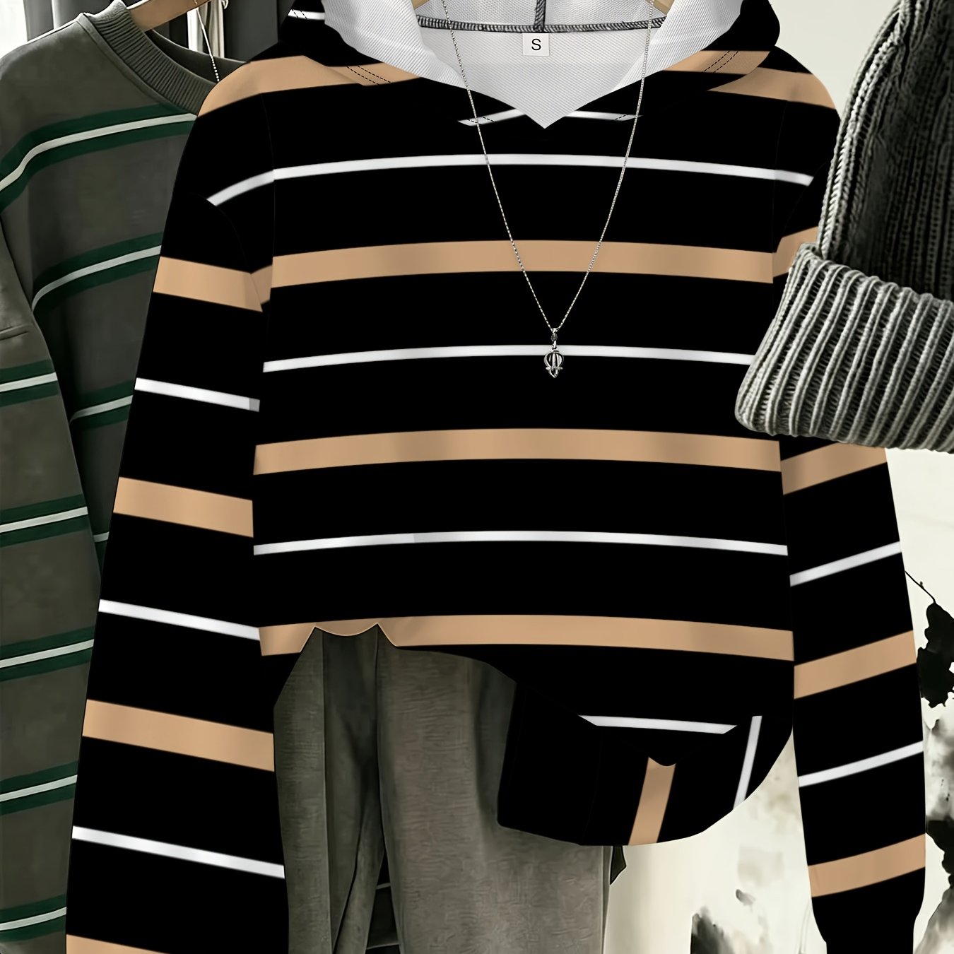 TEMU Striped Women's Lightweight Hooded Sweatshirt Long Sleeve Printed Top For