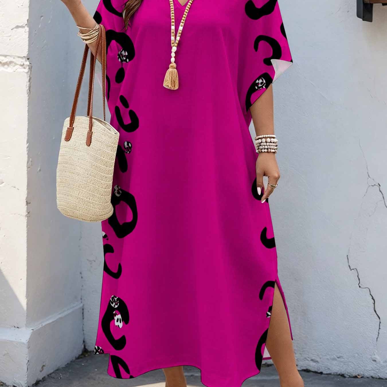 Image of Plus Size, Plus Size Women's 08xl Sexy Street Style, Neon Pink Leopard Print Maxi Dress, Batwing Sleeve Dress With Double Side Slits, Loose Casual Summer Dress For Curvy Women