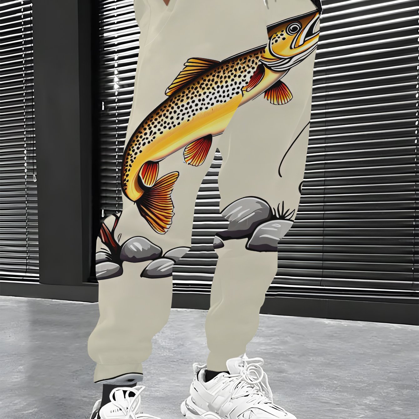 TEMU Men's Jump Trout Bait Fish Driftwood With Stone Print Sports Pants, With Drawstring And Pockets - Casual Stretch Polyester Sports Pants