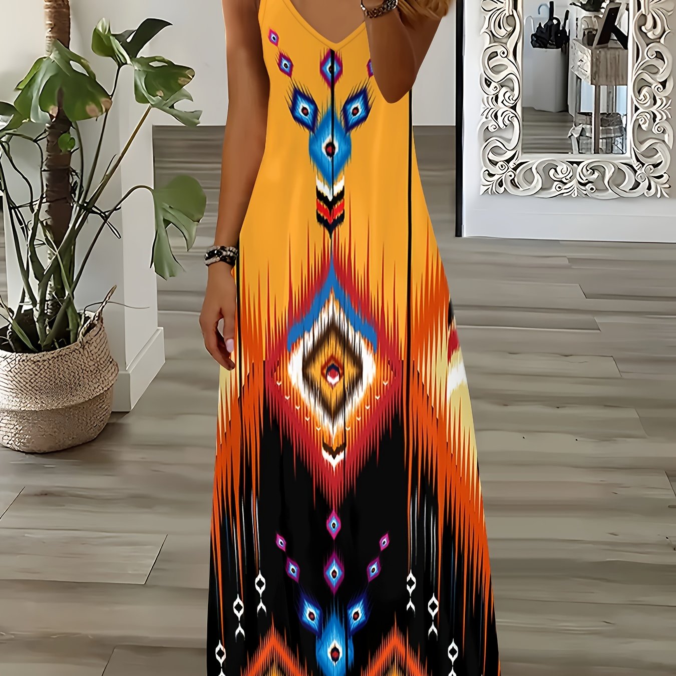 Directional Bohemian Ethnic Style Geometric Print V-neck Cami Long Dress