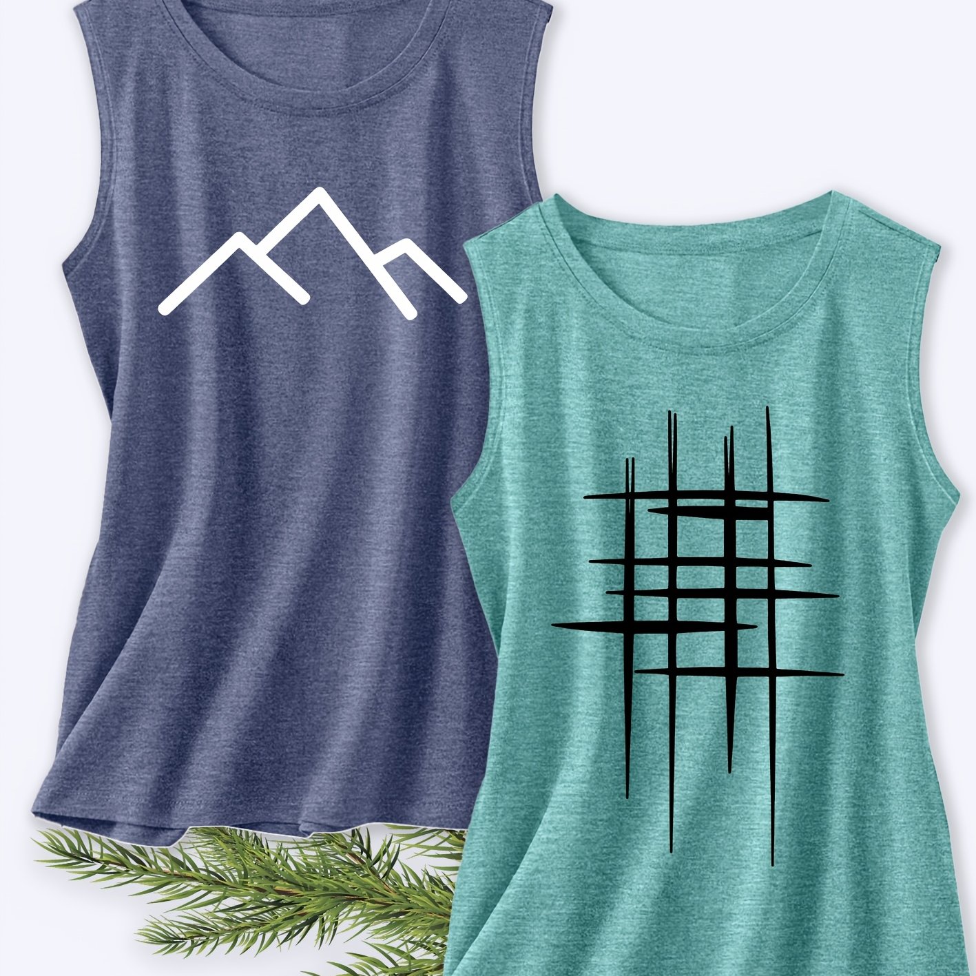 TEMU Two-pack Fun Women's Stylish Tank Tops, Minimalist Outdoor Geometric Print Series, Soft Stretchy Crew Neck Tank Tops, Machine Washable For