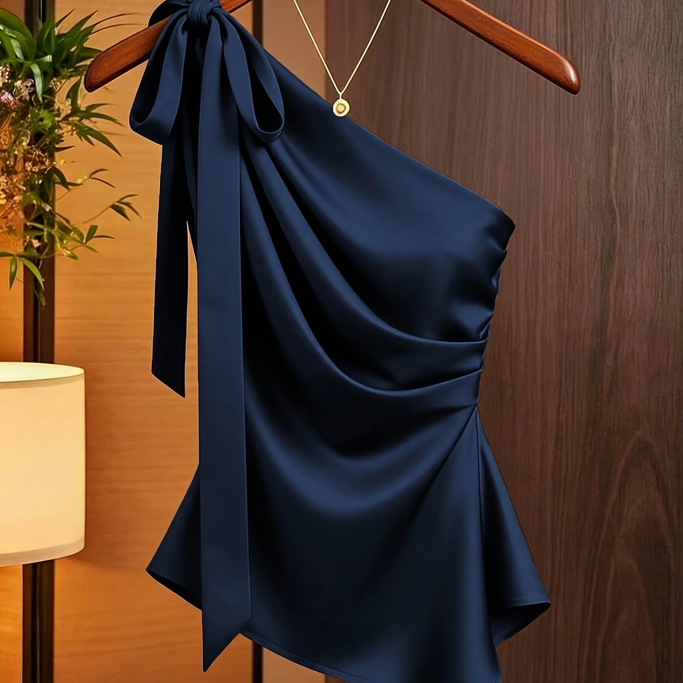 TEMU Satin Asymmetrical Shoulder Strap Embellished Shirt, Asymmetrical Pleated Body-hugging Niche Design, Sexy Cold-shoulder Casual Workwear Top,