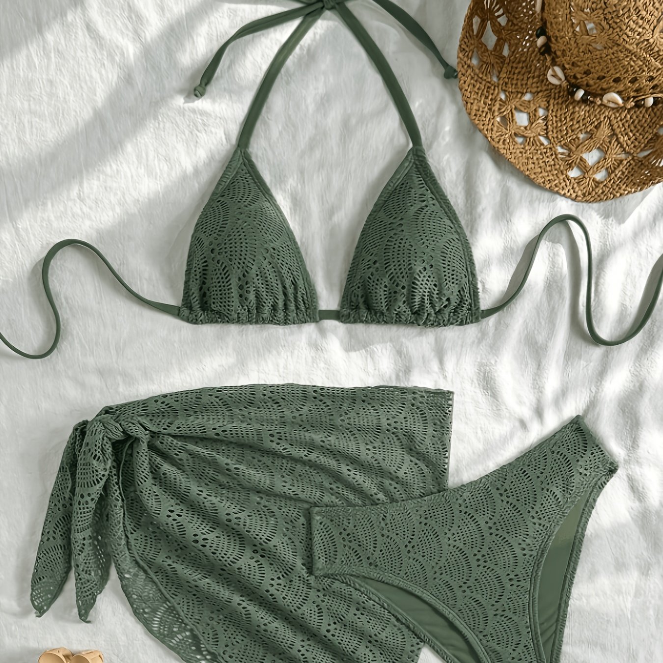 TEMU New Women's Beach Vacation Shell Jacquard Fabric Backless Sexy Bikini 3pcs Swimsuit, Ideal For Vacations And Beach Trips