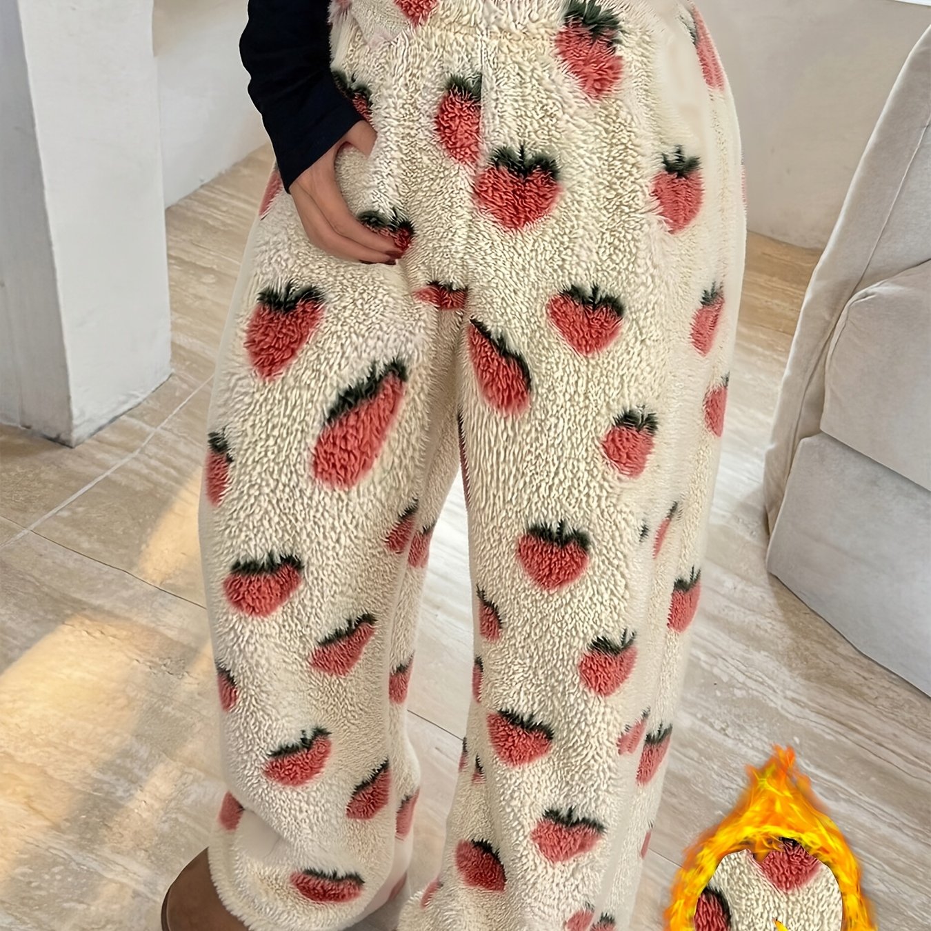 TEMU Fall Winter Women's Flannel Thick Warm Single Pants Trousers, Strawberry Print Fashion Casual, Women's Elegant Single Pants Wearable Outside