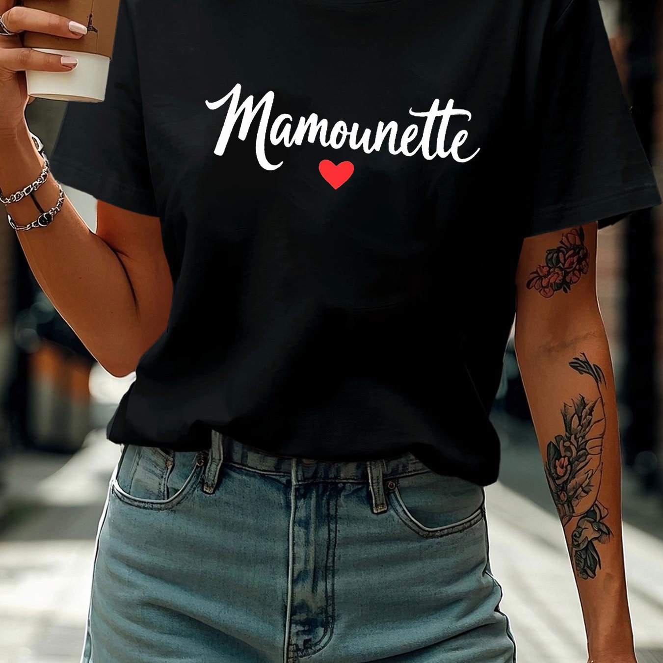 TEMU T-shirt à manches courtes et col rond pour femmes, imprimé cœur "Mamounette" français, idéal pour et l'été - Saint-Valentin