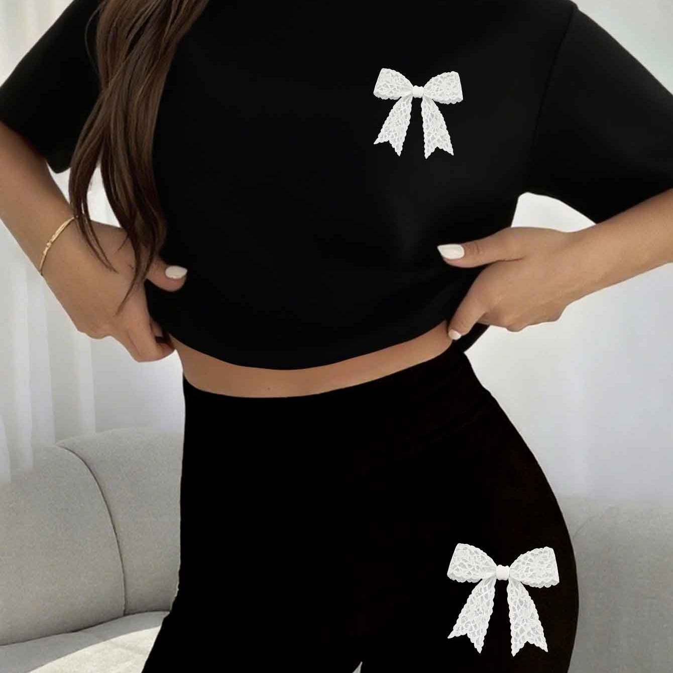 TEMU 2pcs Women's Set, T-shirt And Shorts Outfit, Hot Trendy White Lace Printed Pattern, Round Neck Short Sleeve T-shirt And Elastic Waist Shorts,