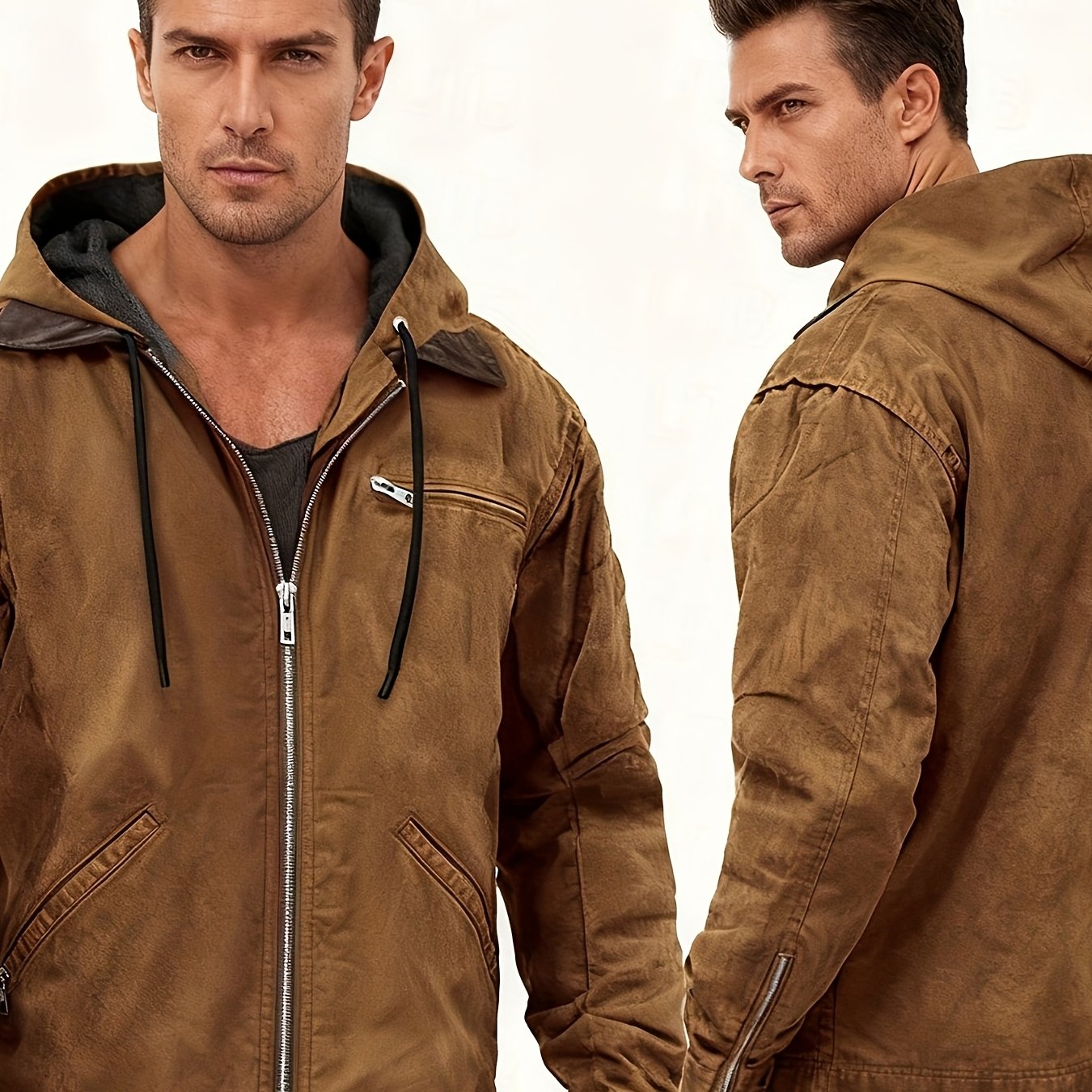 TEMU 2025 New Arrival Men's Vintage Oversized Hooded Zip-up Jacket For Fall/ Winter 35% Polyester, 65% Cotton Blend Lightweight 700gsm Front Solid