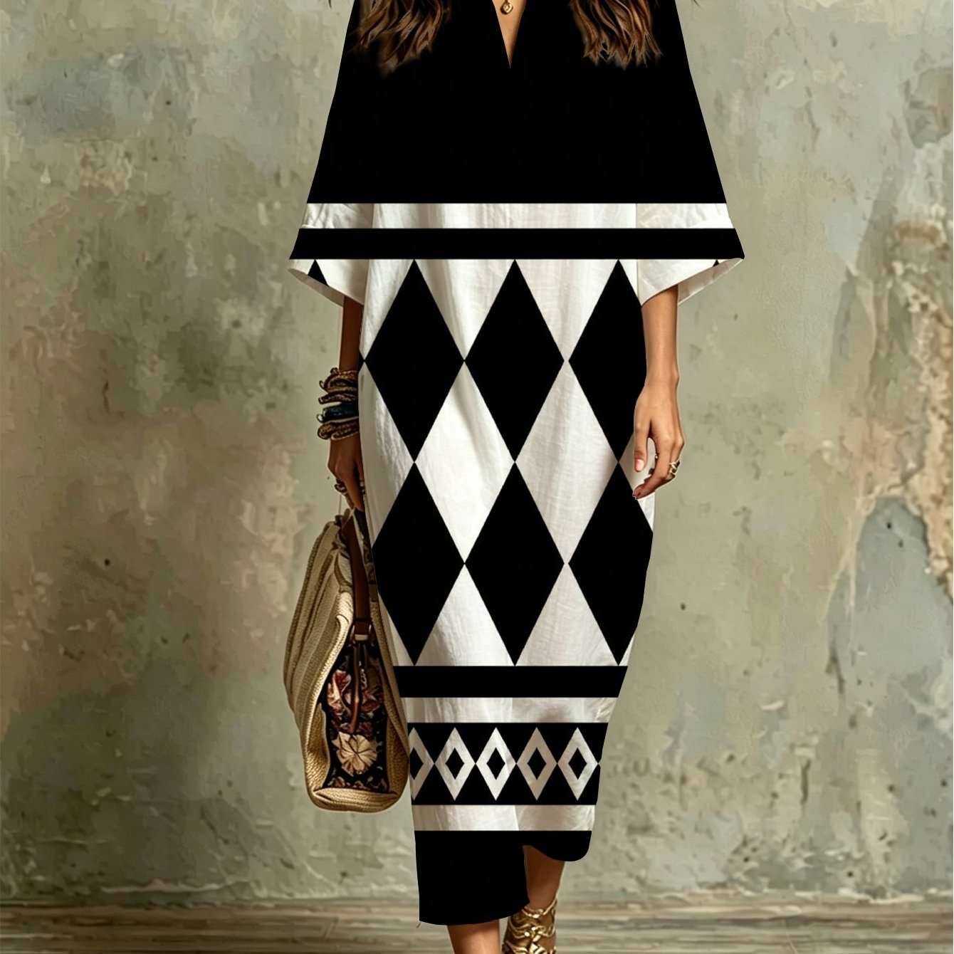 Image of Plus Size - Fashion Casual Kaftan Dress With Black And White Argyle Diamond Pattern, Geometric Border Design, Comfortable, Breathable, Versatile For Beach Vacations, Summer Parties, Daily Wear