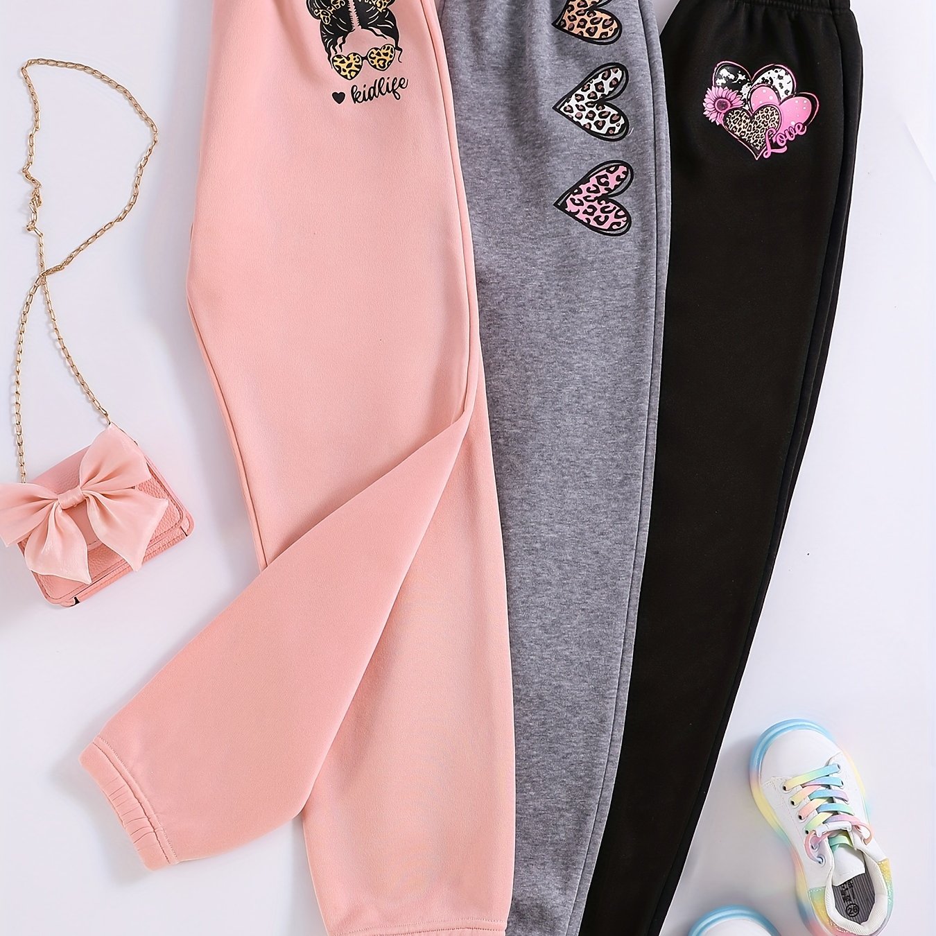 Image of 3pcs Girls' -lined Jogger Set - Soft Polyester Blend Winter Pants With Elastic Waist & Pink/black/-like Bow Print (no Ears) - Playwear For, Everyday Outfits, Perfect For Outdoor