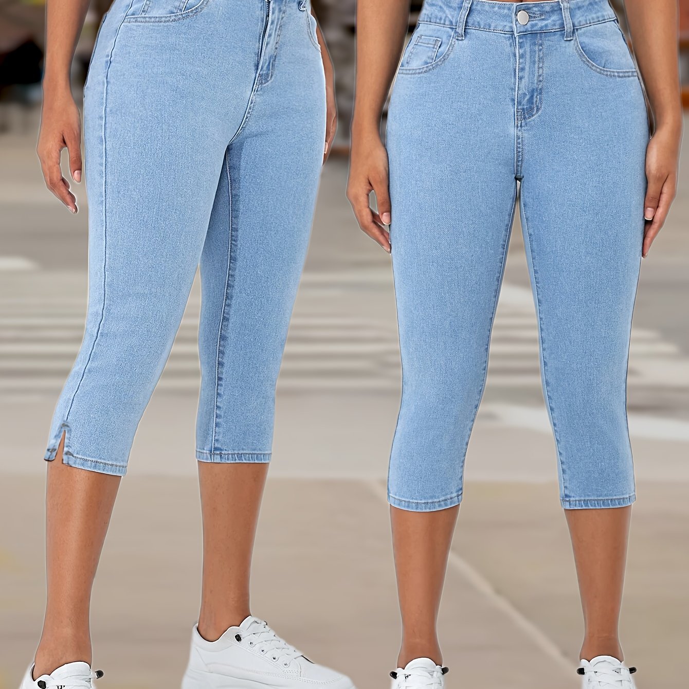 TEMU Womens Light Blue High Waisted Stretch Denim Capri Pants Ankle Length Split Slim Fit Tummy Control Bootcut Flare Leg Style Comfortable Elastic