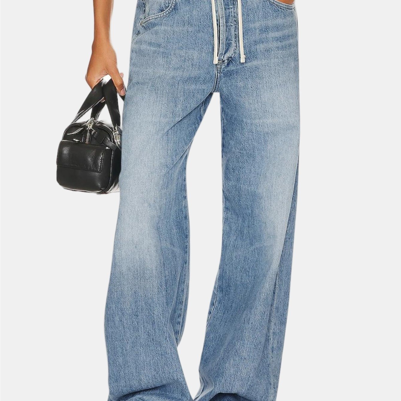 Image of High Waisted Drawstring Wide Leg Denim Pants For Women Baggy Boyfriend Mom Jeans With Pockets