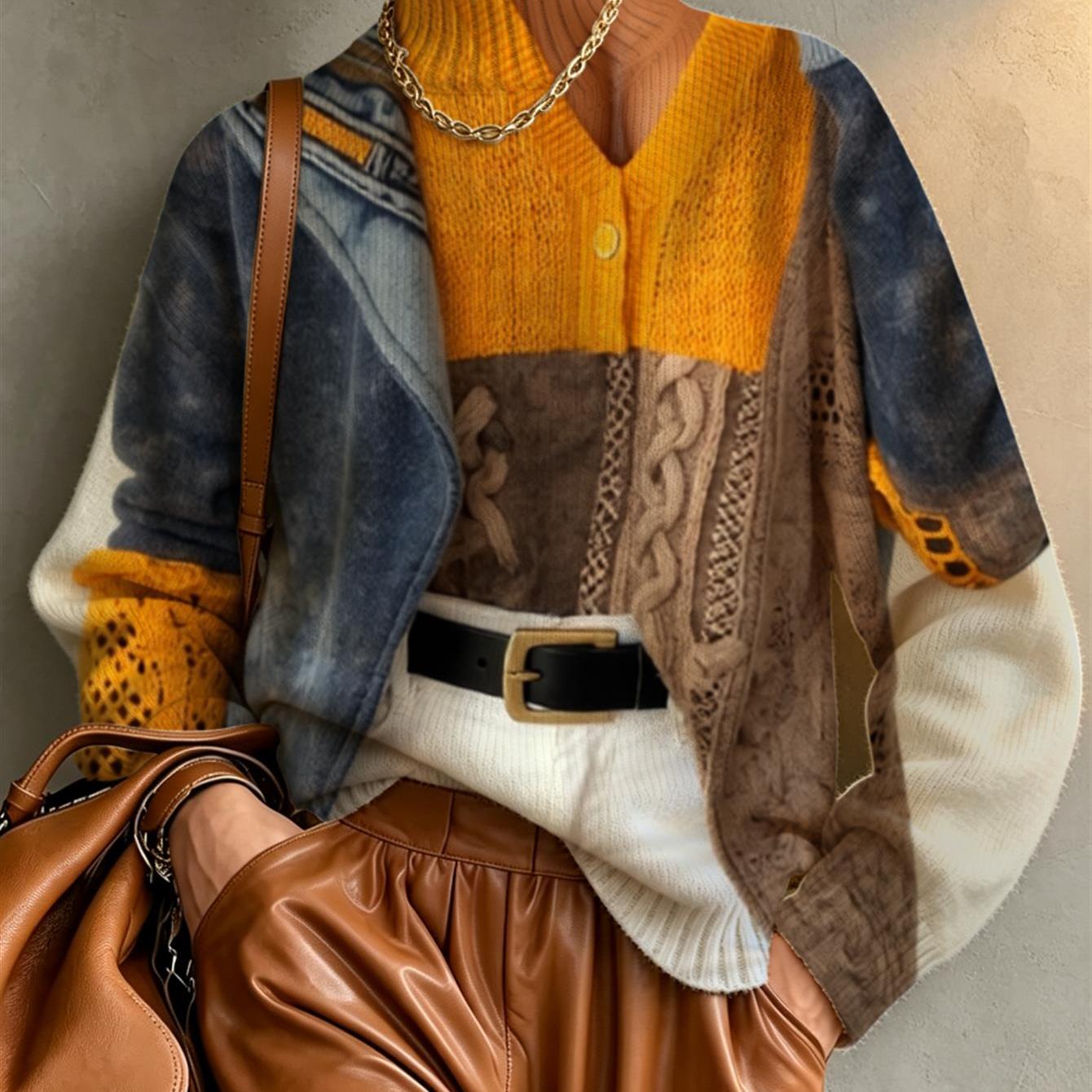 Image of Womens Printed High Neck Long Sleeve Heavyweight Sweater, Abstract Denim And Lace Motif In Blue And Beige, Casual Soft Comfortable Top For Fall And Winter
