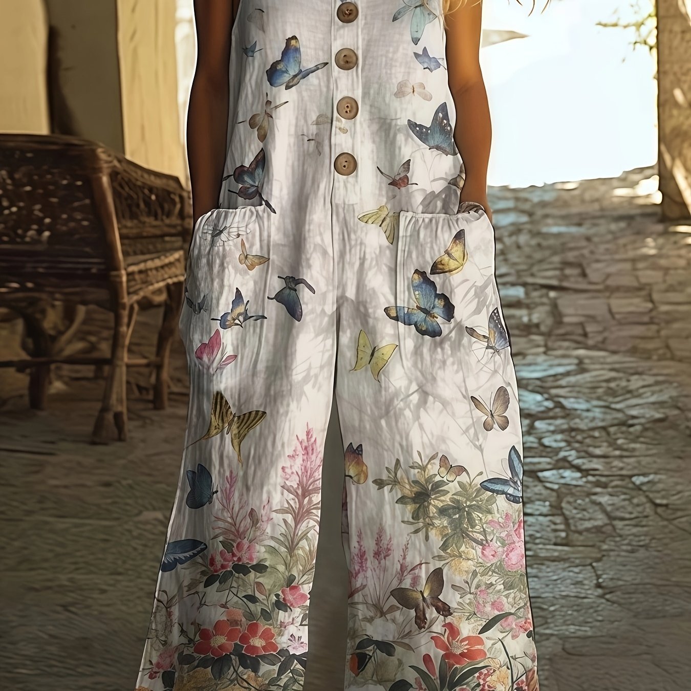 E-shop Damen Freizeit Jumpsuit mit Blumenmuster, Ausschnitt, schulterfreiem Design und weitem Bein, mit - Jumpsuit mit Schmetterlingsmuster