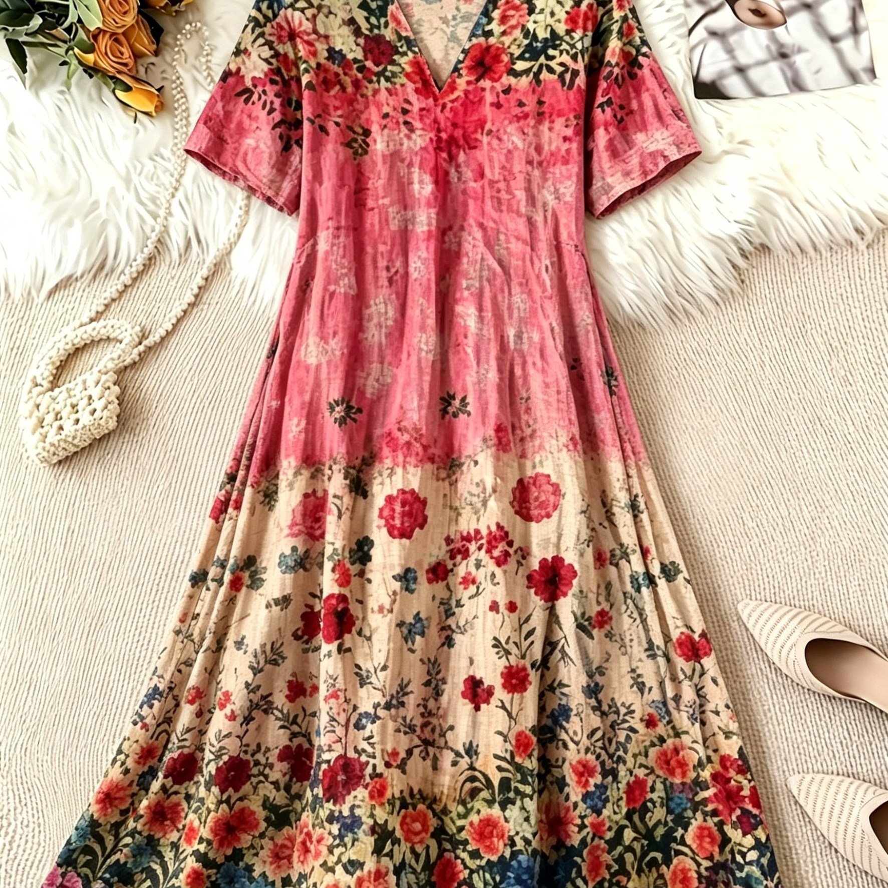 TEMU Plus Size - Elegant Women's Dress, Floral Print Short-sleeve Dress, Casual Loose , Suitable Daily And Beach Vacations