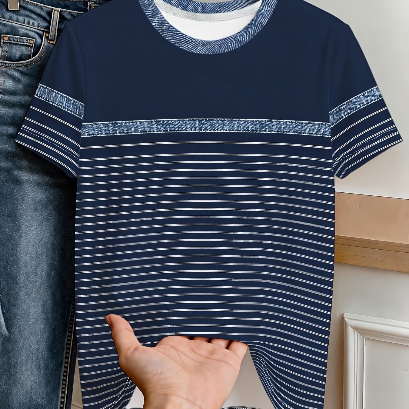 TEMU Plus Size Women's Deep Navy Fine Stripe Pattern Easy Casual Printed Crew Neck T-shirt Loose Short Sleeve Top Suitable For Commuting Going Out