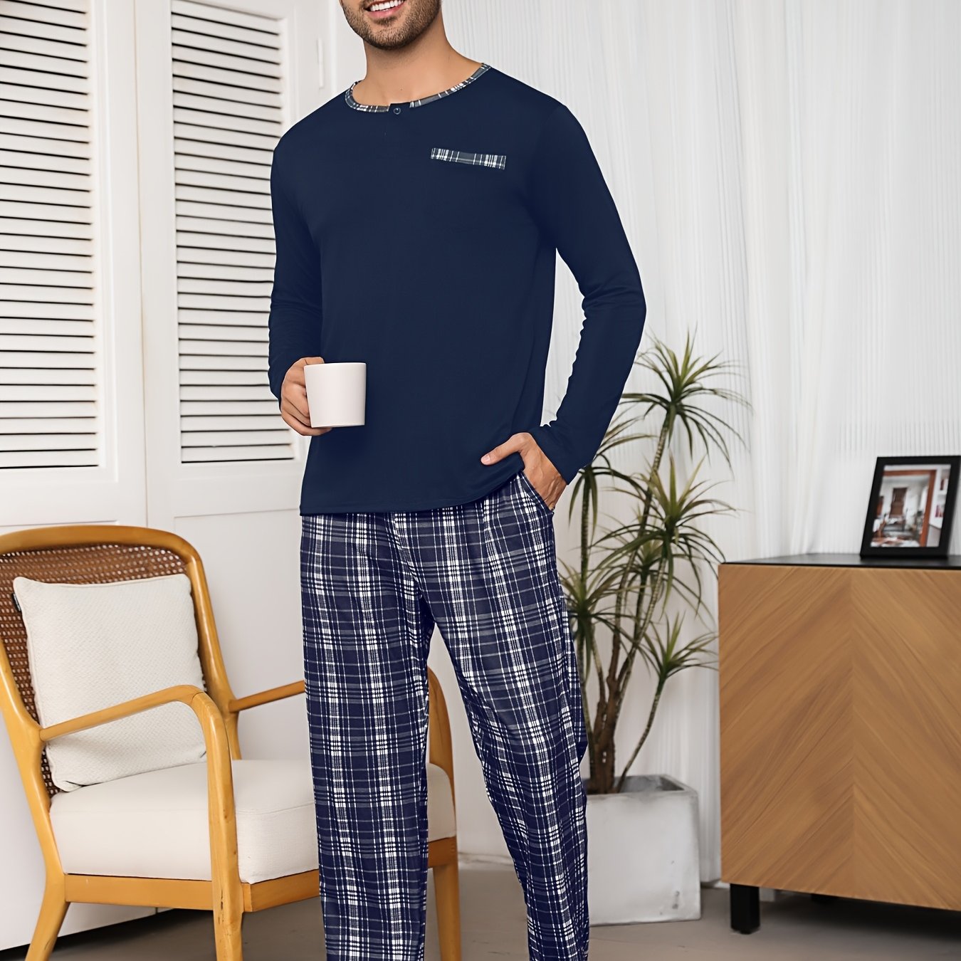 Image of Men's Round Neck Contrasting Color Plaid Print Pajama Set, Casual Men' Pocket Long-sleeve Pajama Set, Including Long-sleeve Top And Pants, Men's Loungewear, Men's Gifts