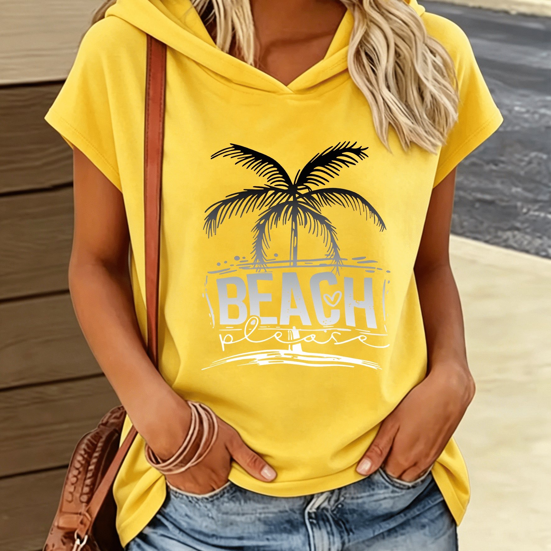 TEMU 1pc T-shirt à capuche Y2K avec imprimé plage et , coupe ample, haut doux et confortable, T-shirt à manches courtes élégant et tendance