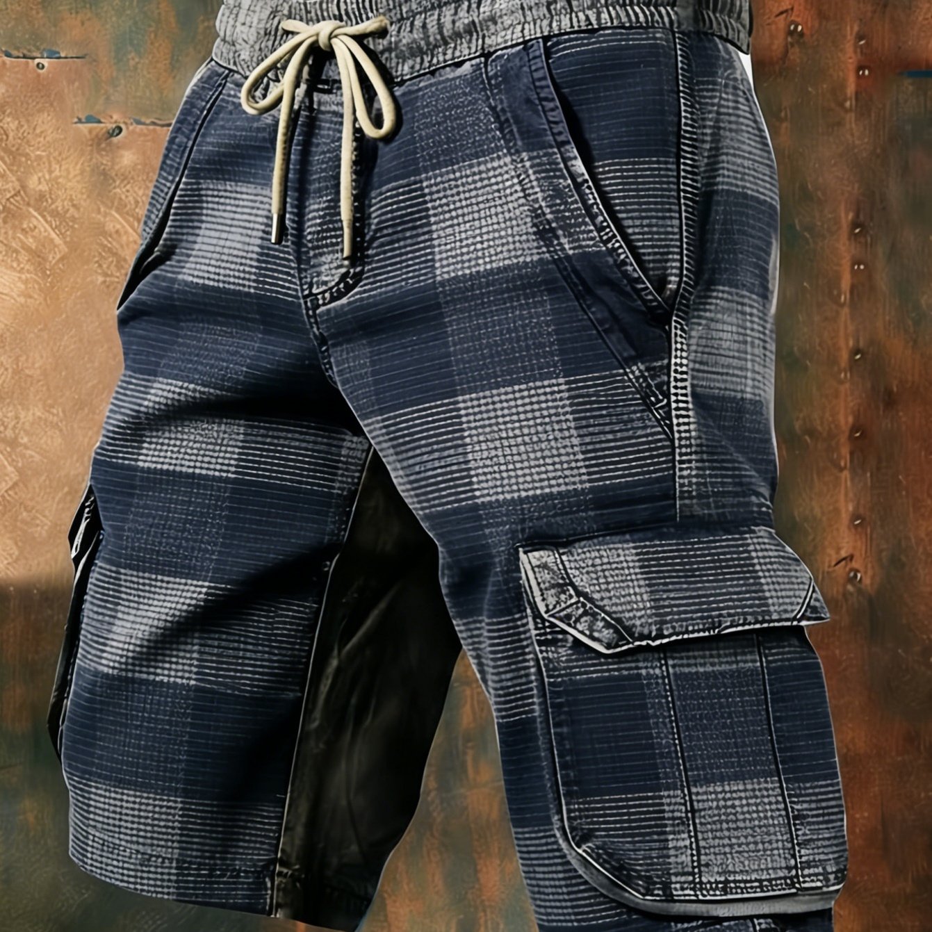 Image of Men's Drawstring Cargo Shorts With Dual Pockets Printed Style Summer Trend Plaid Multi-pocket Casual Loose Straight Outdoor Work Pants Youth Versatile Beach Pants Breathable Sports Mid-length T