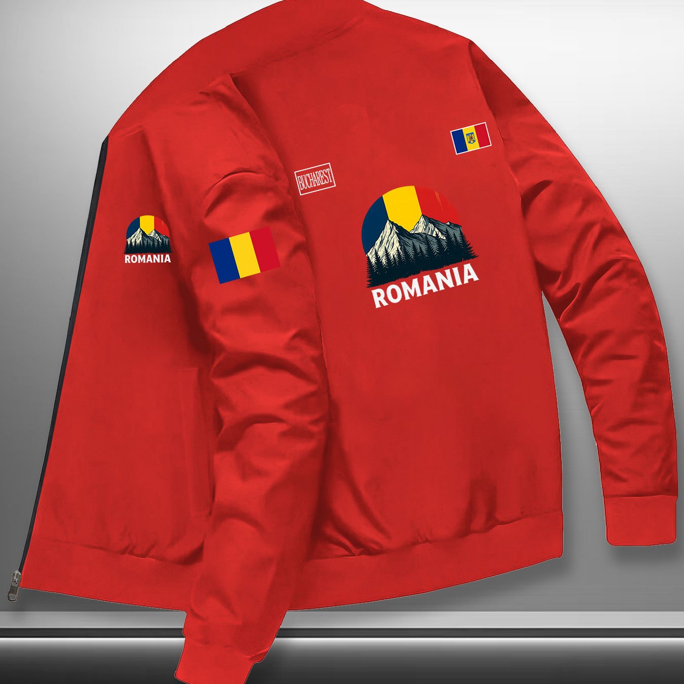 TEMU Men's Romania Flag & Emblem Jacket With Romanian National Symbols (bear & Map Print) - Lightweight Zippered Outdoor Coat For Hiking, Training,