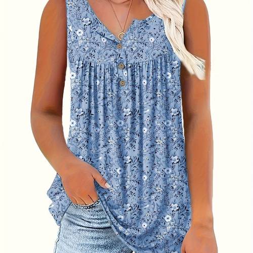 womens summer casual floral print sleeveless henley top