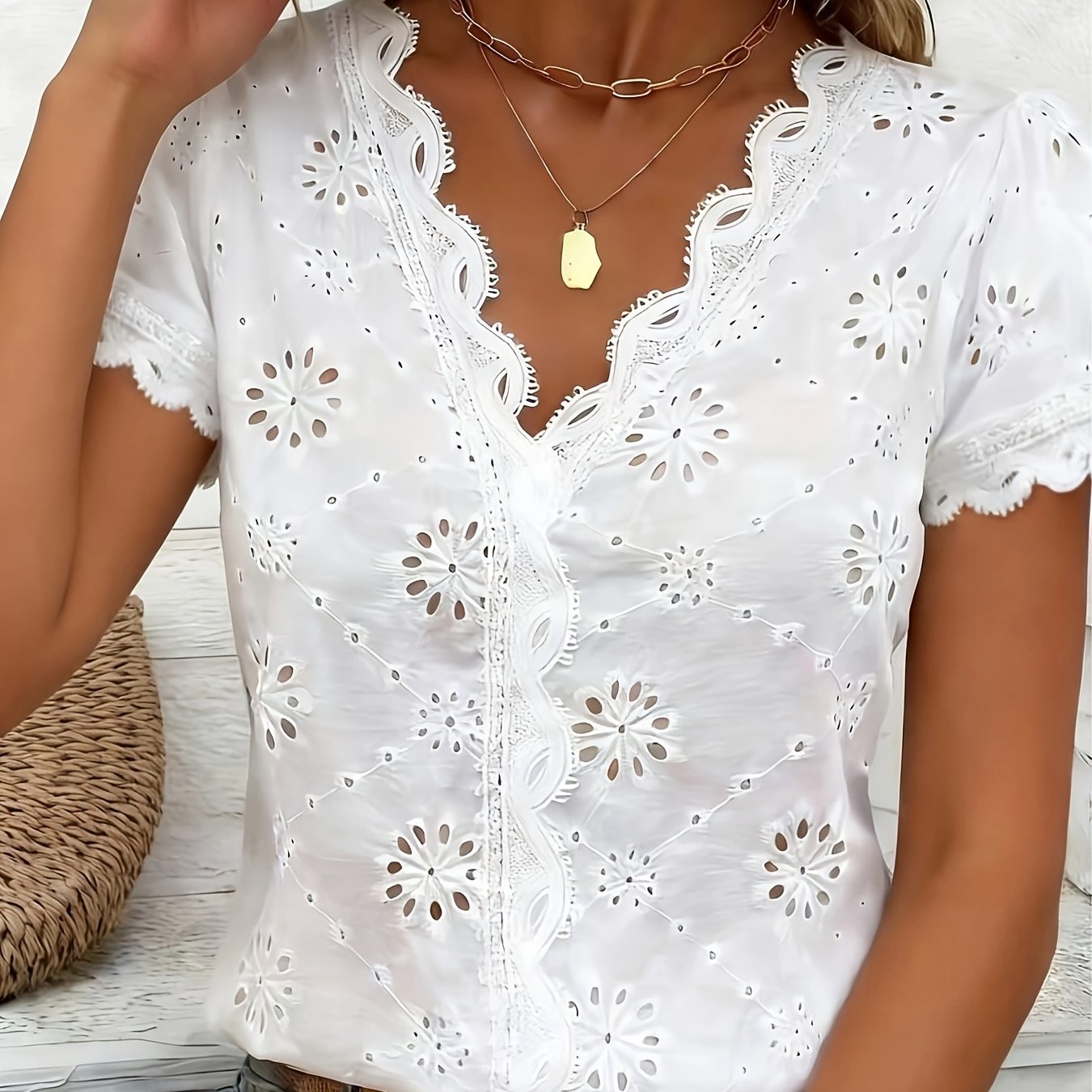 TEMU Women's Elegant Semi-sheer Lace Blouse With V-neck Short Sleeves - Hollow-out Lace Panel Suitable For Spring Summer Fall, Machine Washable Shirt