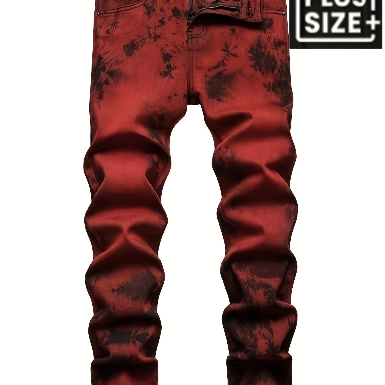 Image of [hme] Fall/winter Plus-size Flame Red Jeans Color-, Retro Washed Gradient End. Style, Ideal For Daily & Club Parties. Mid-rise Stretch Slim Straight Fit, Wear. Edgy Men's Denim Pants, Plus Size
