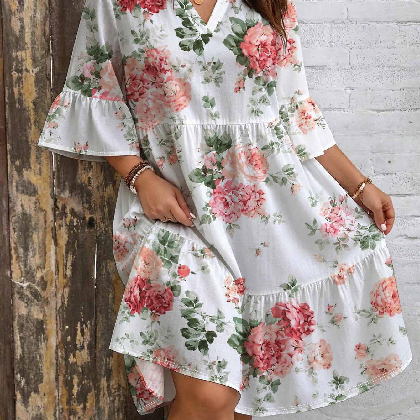 Image of Plus Size Rose Floral Print Dress. V-neck. Bell Sleeves. Layered Skirt. Loose Fit Colorful Elegant Bohemian Vintage Vacation Summer Beach Dress