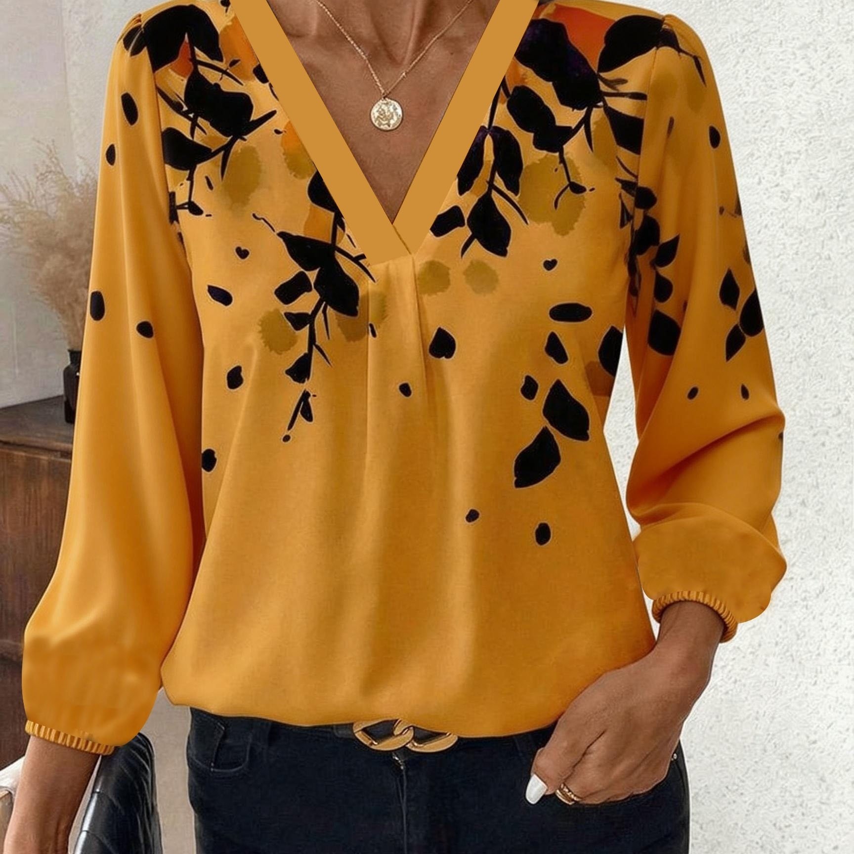 TEMU V-neck Printed Long Sleeve Shirt