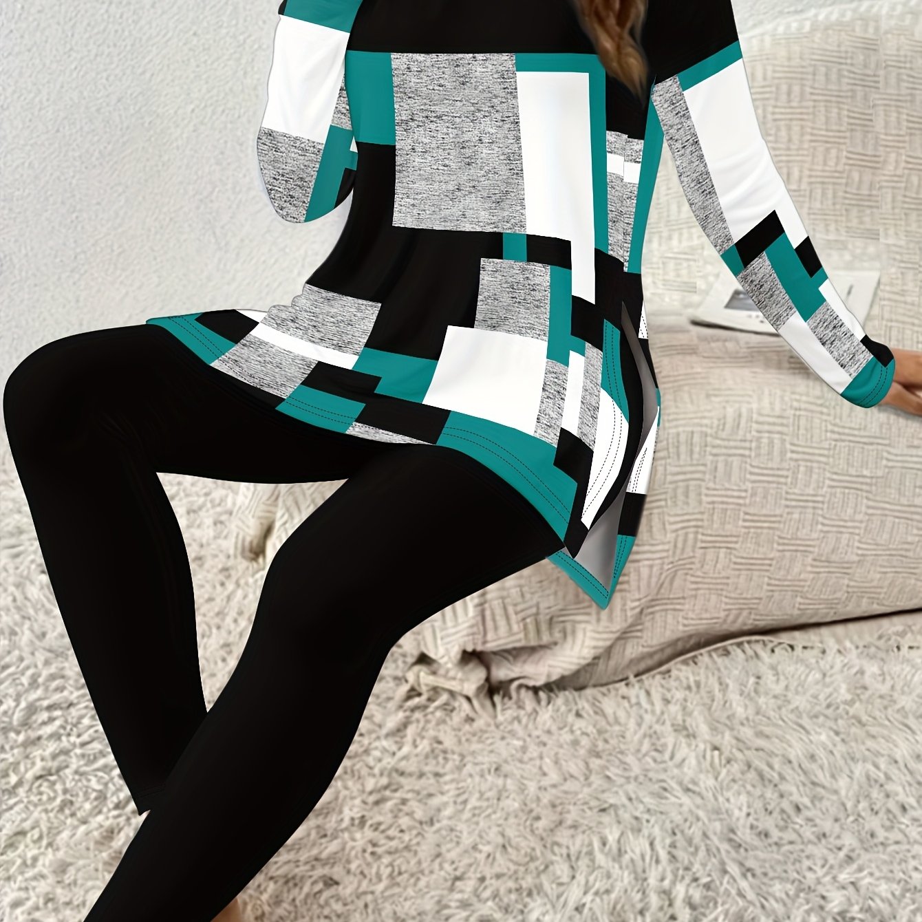 TEMU Women's Casual Two-piece Set Featuring A Geometric Print Long-sleeve Top With A Round Neck And Side Slits, With Leggings For A And Autumn