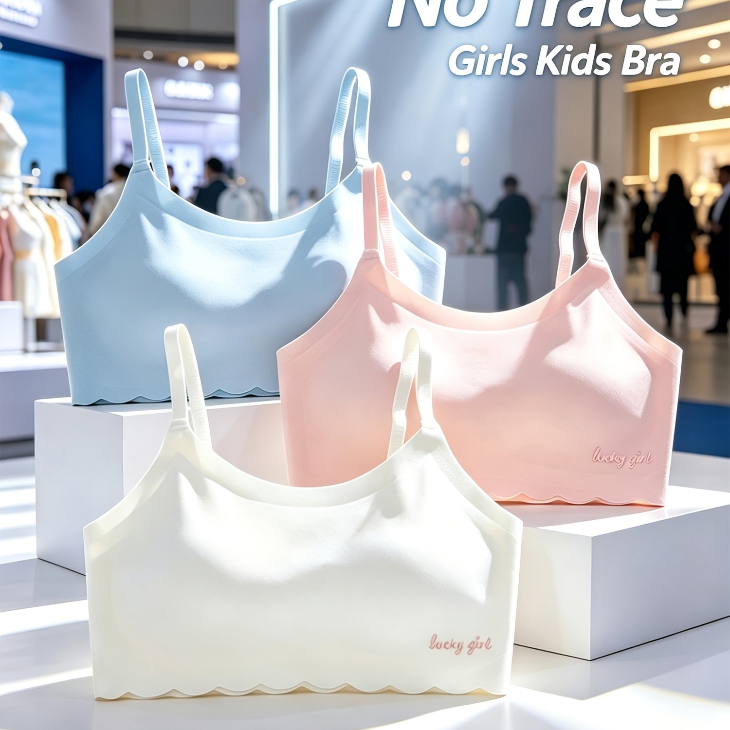 Image of (fit For 7-14y)3pcs Set Girls Seamless Bralette, Summer Invisible Wireless Training Bra, Breathable Crop Top For Kids Teens, With Adjustable Straps, Removable Pads, Wavy Hem, Girl Logo Printed, In