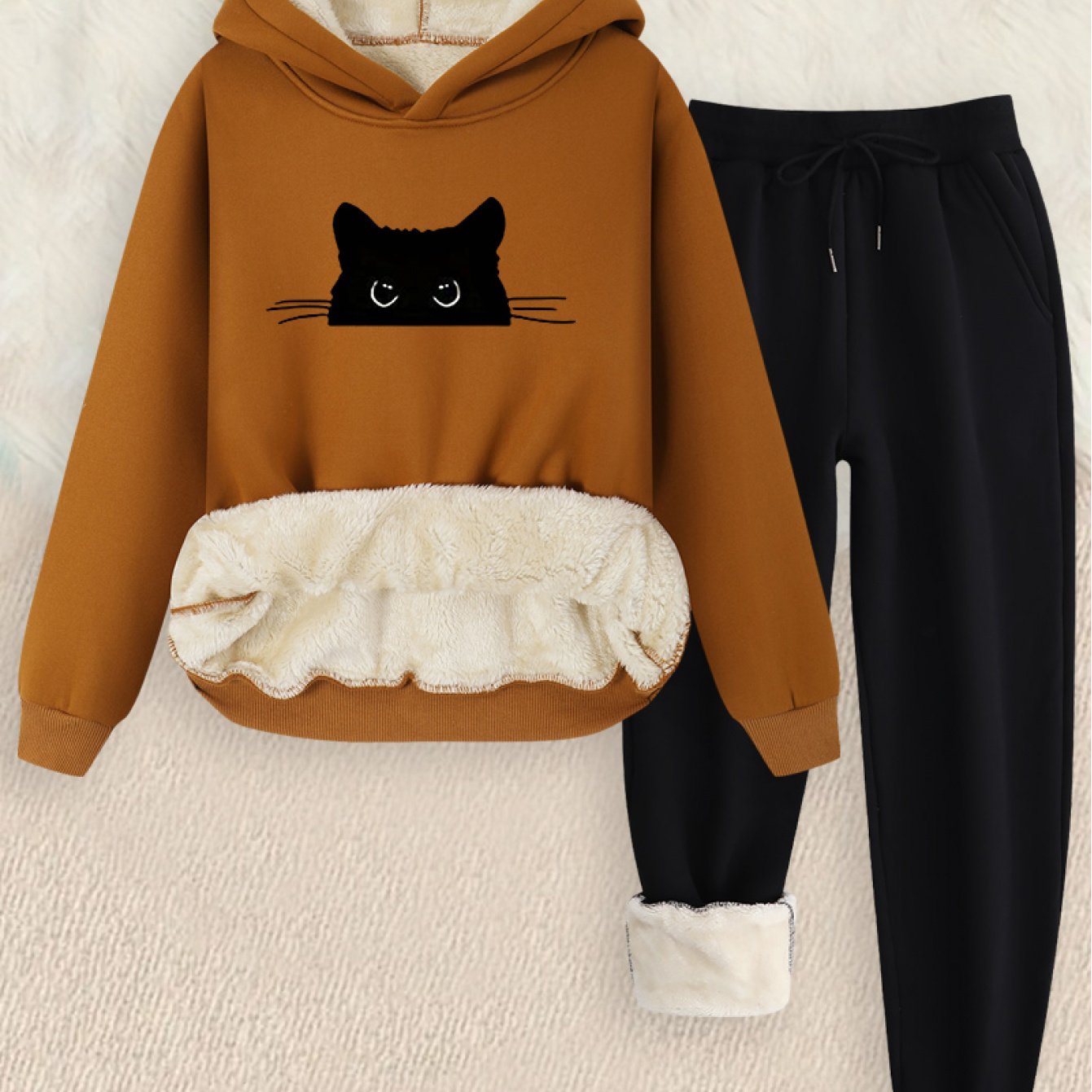 TEMU 2026 New Casual Autumn And Winter Women's Clothing Set Featuring A Hoodie With Cat Print, Made Of Thickened Fleece, With Slanted Pocket Pants