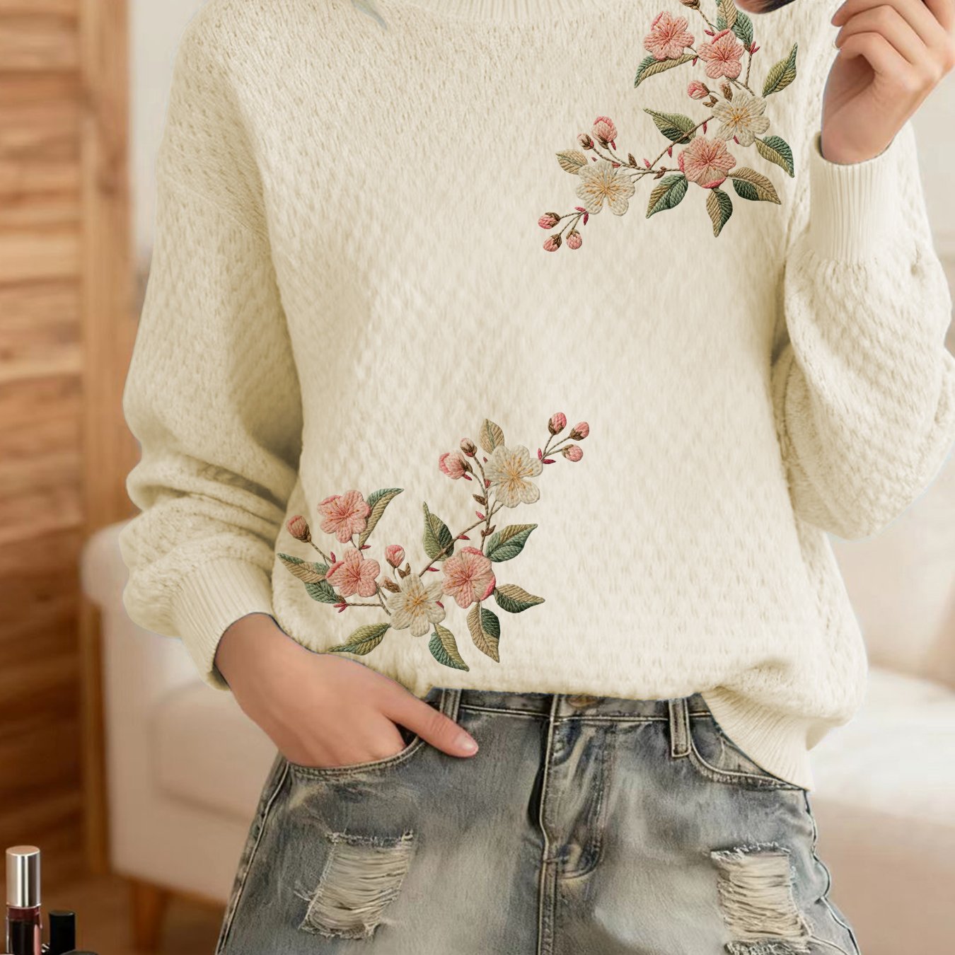 TEMU Ootd Women's Indoor Printed "embroidered Flowers" Pattern - Autumn And Winter Thickened Round Neck Chunky Sweater Homewear Pullover, Casual