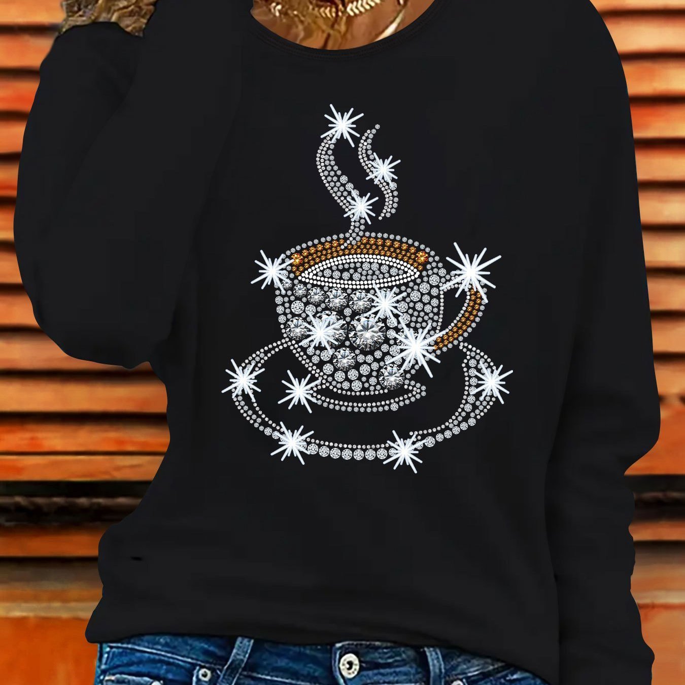 TEMU Sweatshirt femme grande taille, imprimé tasse de café oversize - pull élégant décontracté à manches longues, col rond avec design pailleté doré,