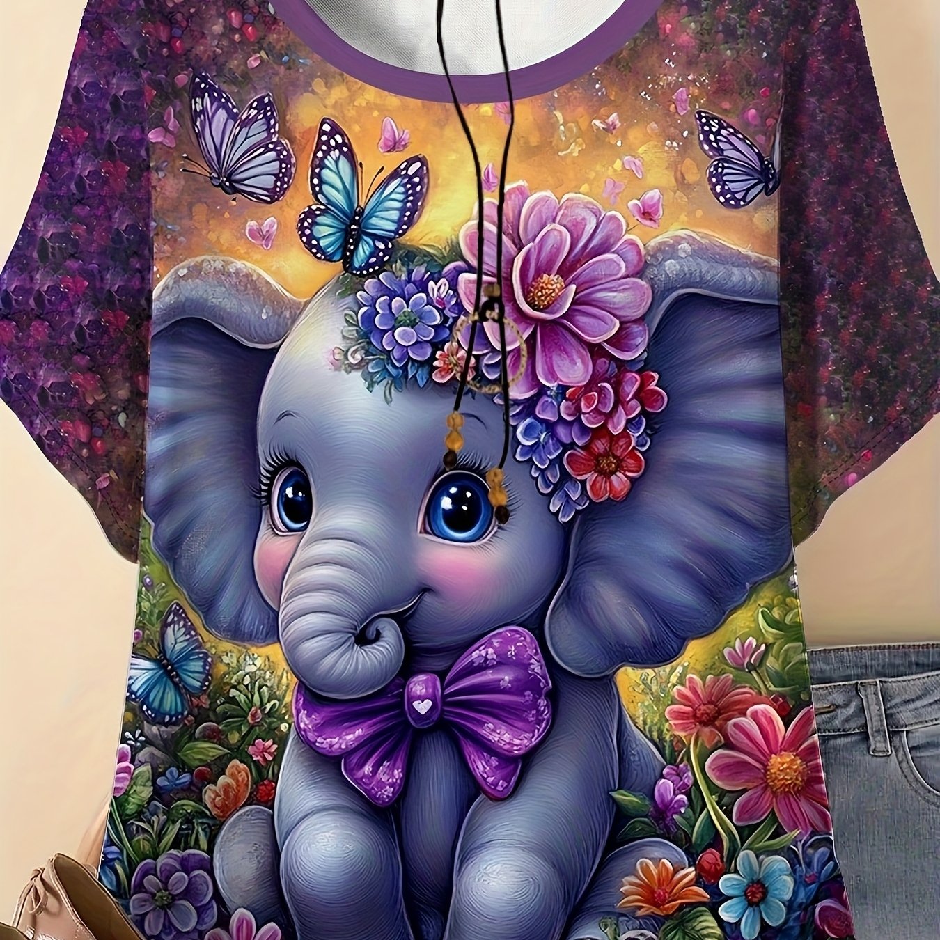 TEMU Plus Size - Plus Size - Elegant Plus-size Women's Summer Tops With 3d Prints Featuring And Elephant Designs, Round Neck, Short Sleeves, Perfect