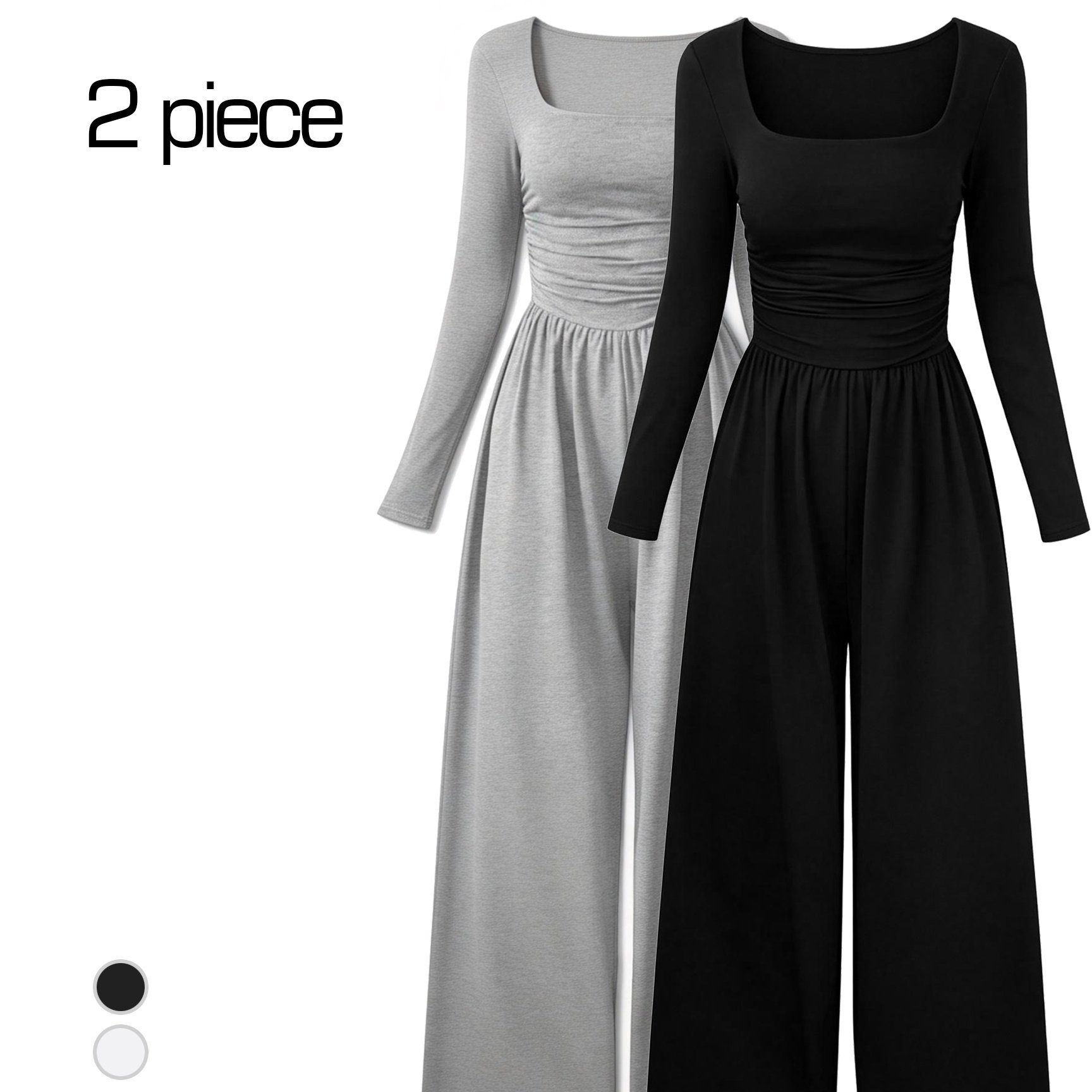 TEMU Women's 2pcs Set: Solid Color Jumpsuit With Neckline, Long Sleeves, And Wide Legs - Stylish, Comfortable, Simple, And Versatile - Suitable For
